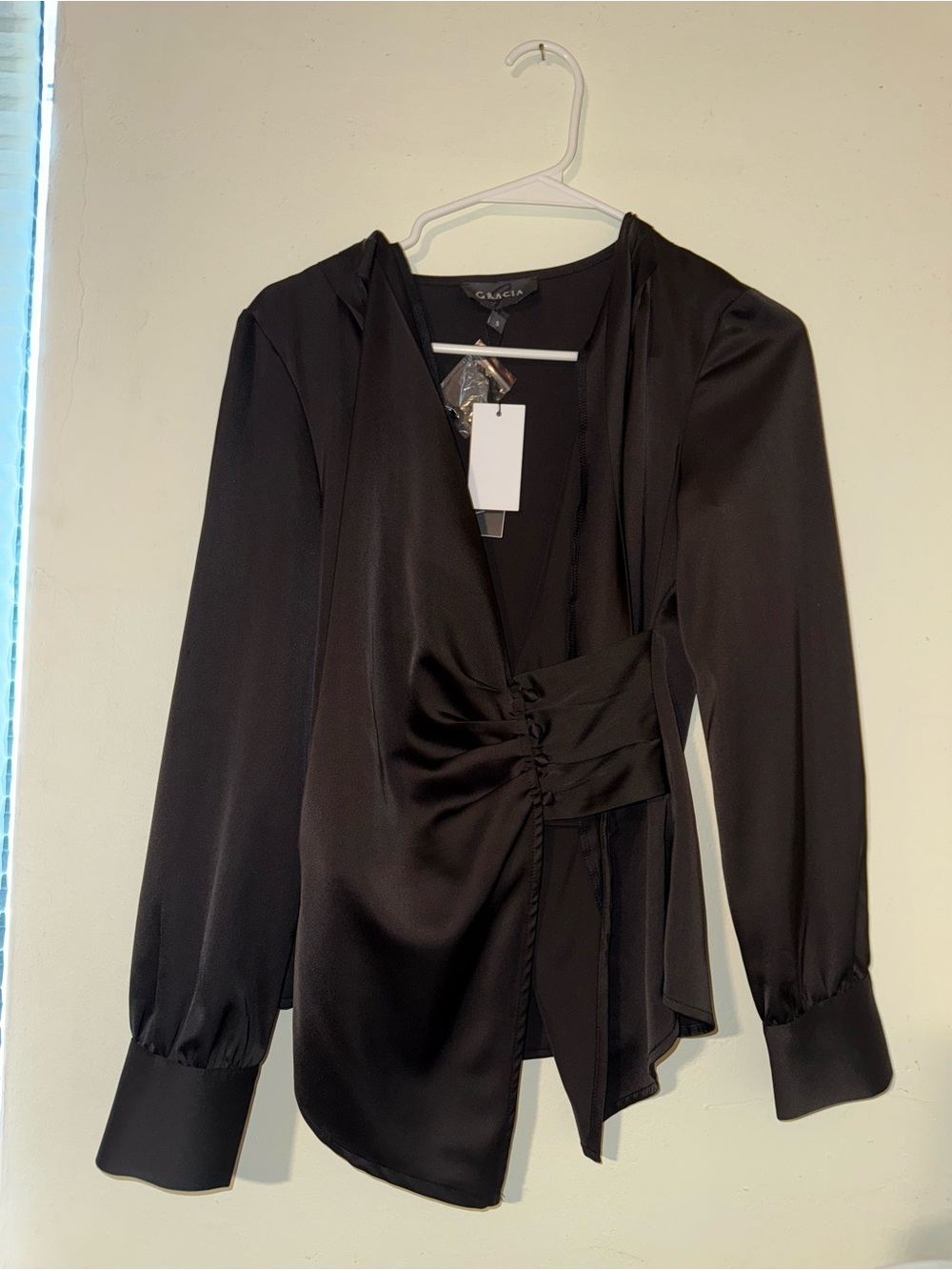 Gracia Black Satin Ruched Wrap Blouse